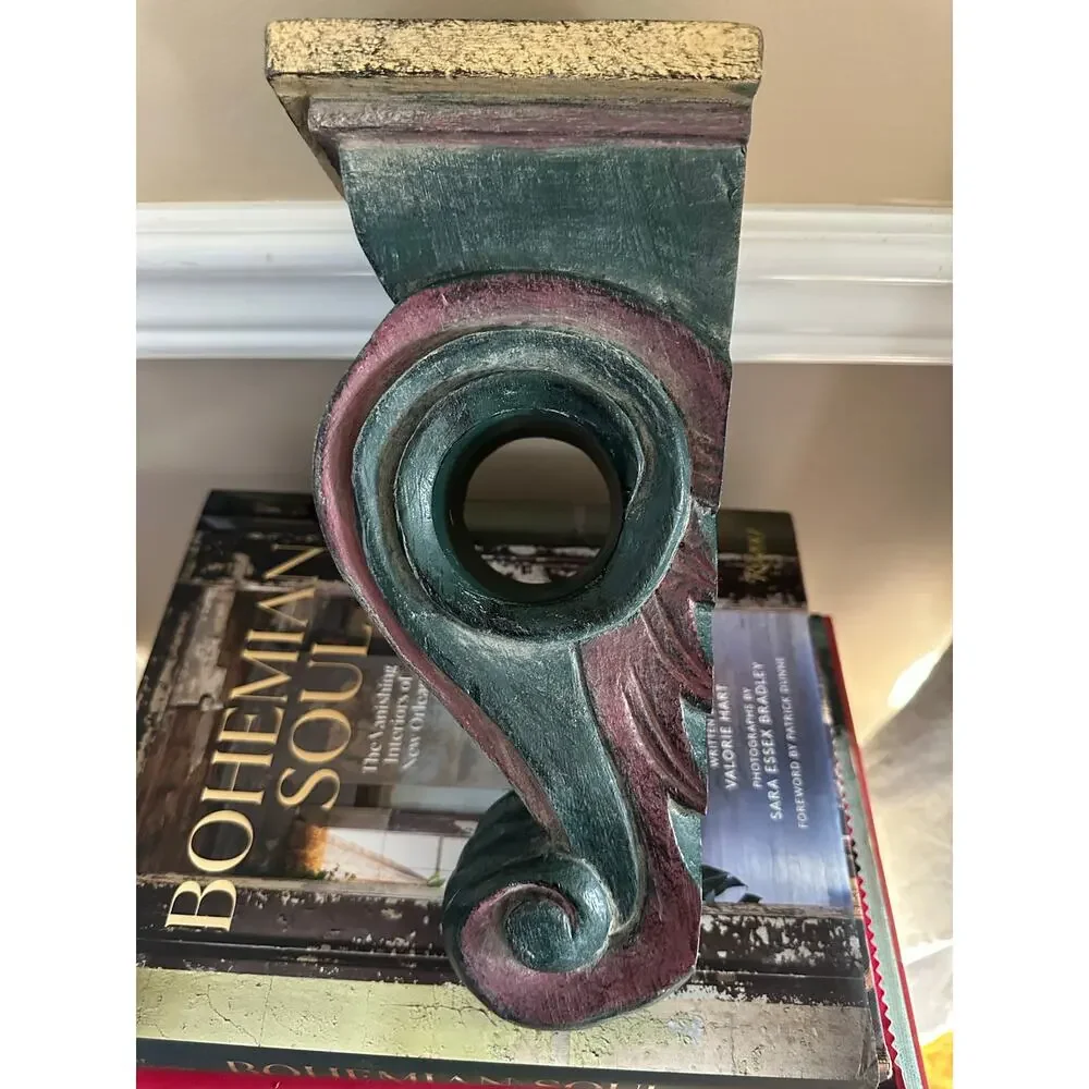Vintage Wall Sconce Corbel Shelf solid wood Mexico blue burgundy 11x5” drape